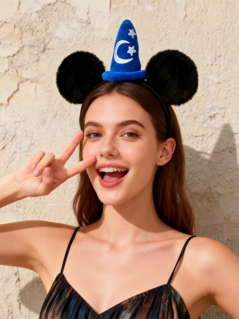 A Miaow Horn Flower Headpiece Black Mouse Ears Headband MM Butterfly Hair Hoop Halloween Park Women Adults Costume Photo Shoot (Blue Moon Stars) - Image 3